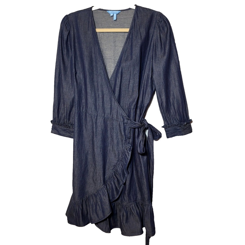 Draper James Reba Chambray Cotton Wrap Dress Ruffle‎ 3/4 Sleeve Size 6 Party